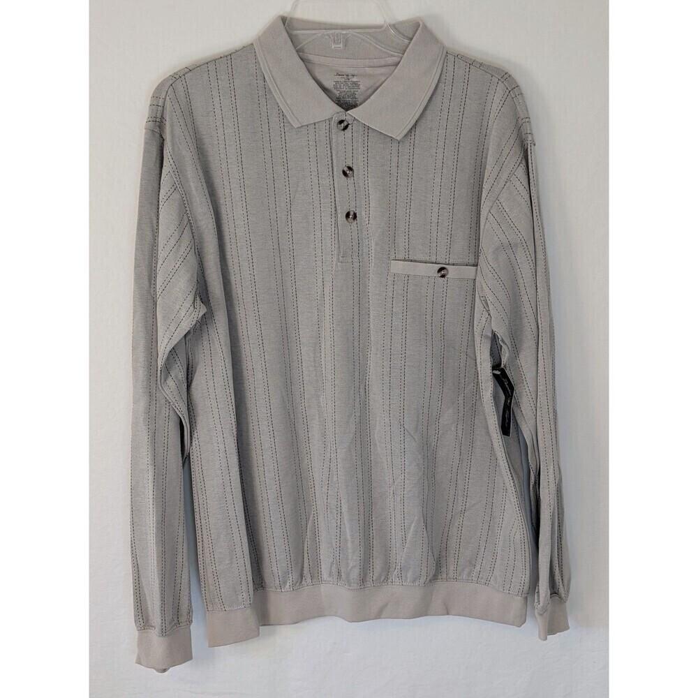 Vintage David Taylor Sears Men’s L Tan Knit Polo Sweatshirt Pinstripe